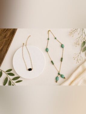 Gold Tone Necklace Bundle Set Black Pendant & Green Stone Necklace Boho Jewelry